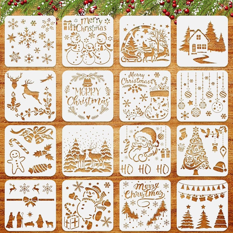 BANBBUR 16 Pcs Christmas Stencils for Painting 5x5 Inches-Reusable Christmas Stencils for Painting on Christmas Cards or Ornaments DIY Projects - Image 1